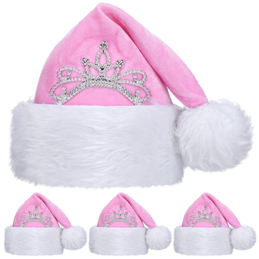 5801 4 Pcs Christmas Pink Santa Hat with Princess Crown Tiara Plush Xmas